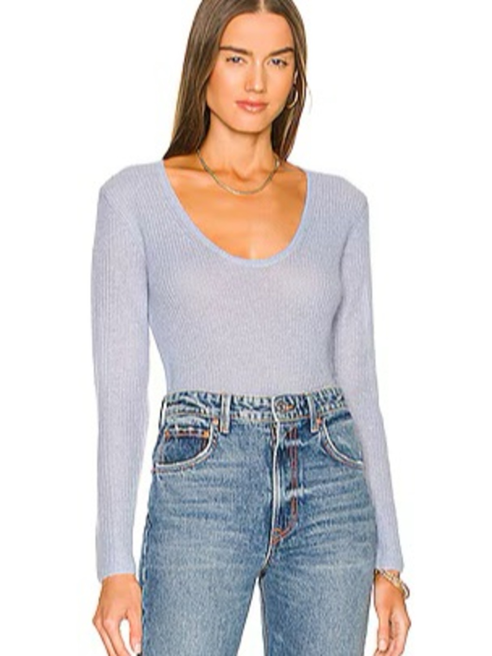 VINCE • Scoop neck Ribbed Featherweight Crew Neck Sweater Blue Medium